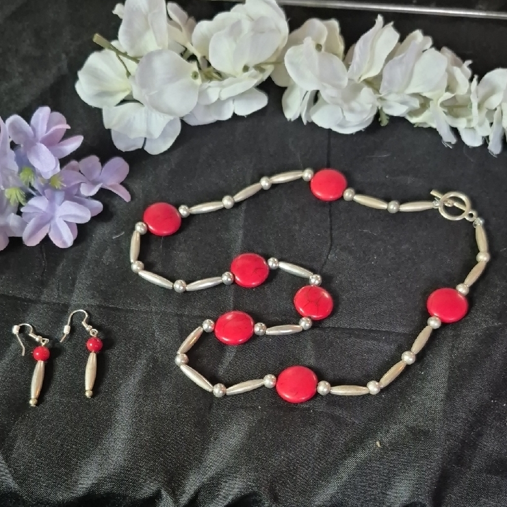 Stylish Red Bead and Silver-Tone Necklace with Matching Earrings